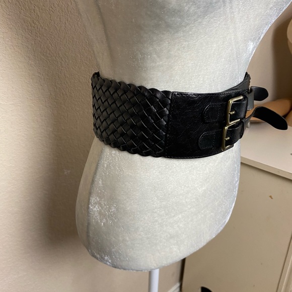 Linea Belle Black Woven Leather Double Buckle Wide Belt Size Medium - Picture 4 of 6